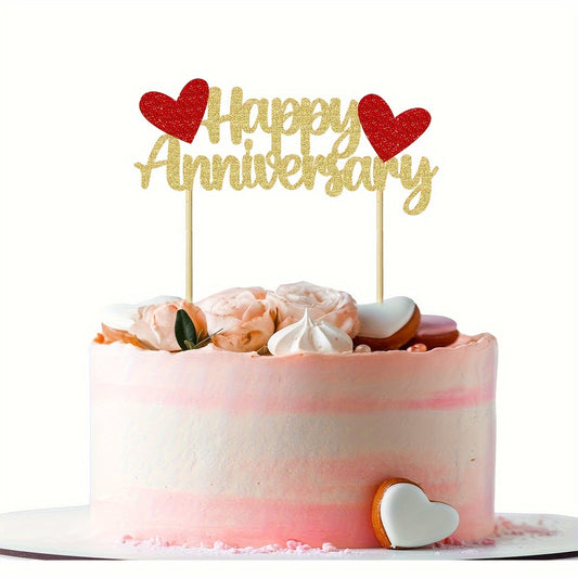 1 Pack Bamboo Happy Anniversary Cake Topper, Glittering Non-Electric Universal Holiday Cake Decoration Supplies for Wedding Celebrations for Halloween, Christmas Event & Party Supplies