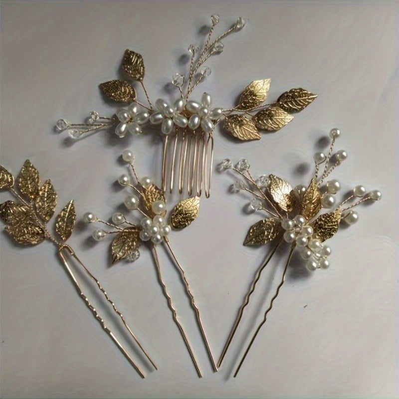 4pcs Wedding Hair Accessories - Faux Pearls, Crystals, Rhinestones Combs, Clips And Flower Pieces for Bride And Bridesmaids (Elegant Style)