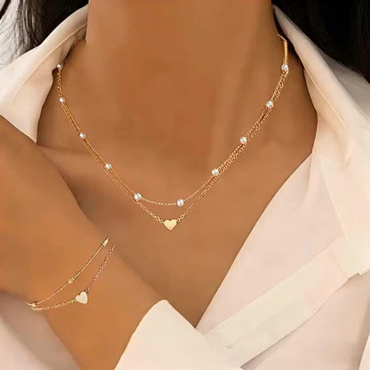 3pcs Elegant Minimalist Heart-Shaped Faux Pearl Necklace Bracelet Set, Adjustable Adjustable Chain, Suitable for Women'S Daily Wear and Holiday Gifts, Classic Versatile Commuter Style Valentine'S Day Present