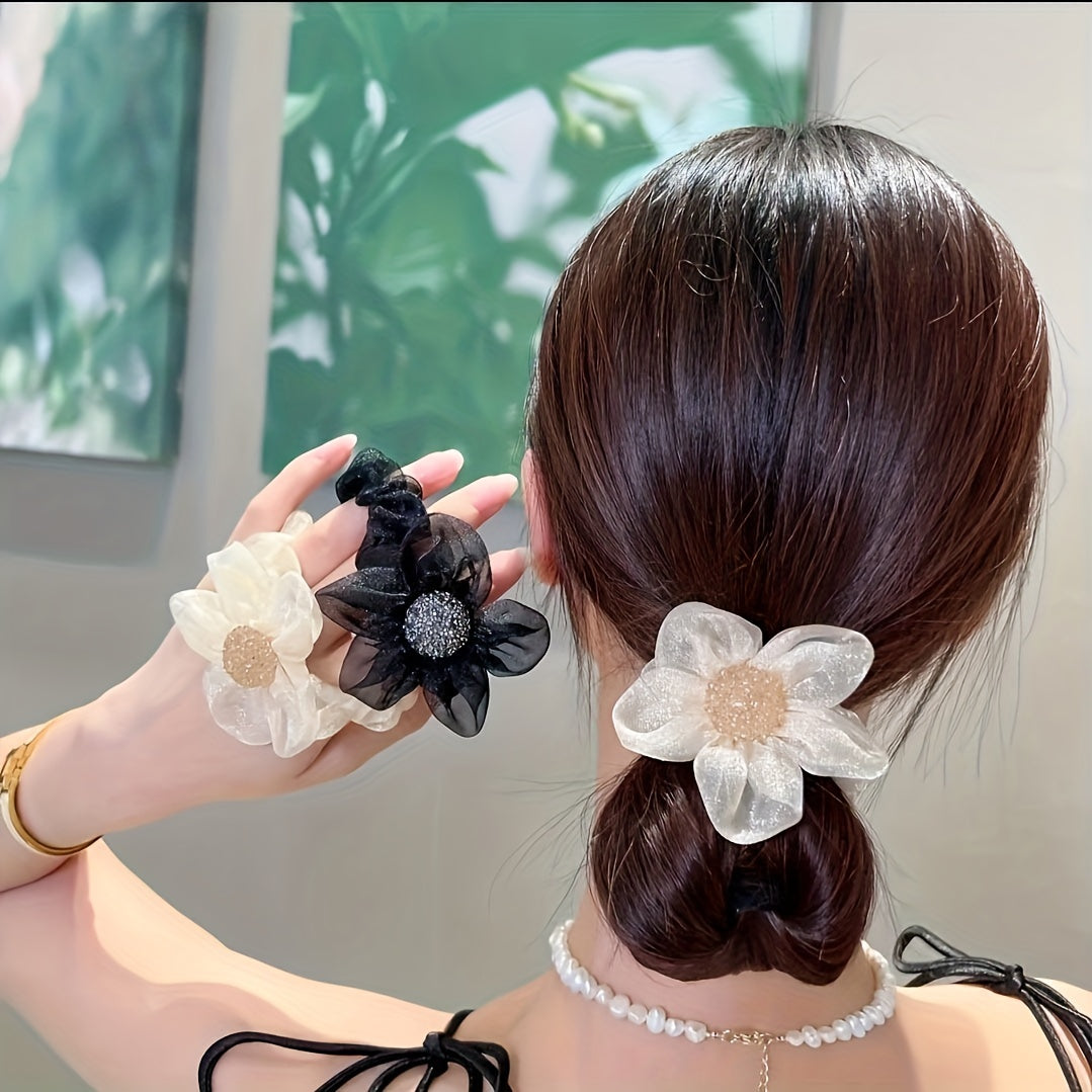2pcs Elegant Rhinestone Sunflower Hair Scrunchies - Stretchy Mesh Ponytail Holders with Sparkling Crystals, White & Black Floral Design, Versatile Hair Accessories for Women, Perfect Gift for Holidays, Birthdays & Special Occ