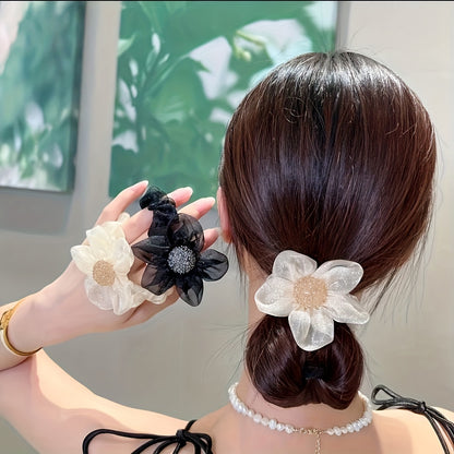 2pcs Elegant Rhinestone Sunflower Hair Scrunchies - Stretchy Mesh Ponytail Holders with Sparkling Crystals, White & Black Floral Design, Versatile Hair Accessories for Women, Perfect Gift for Holidays, Birthdays & Special Occ