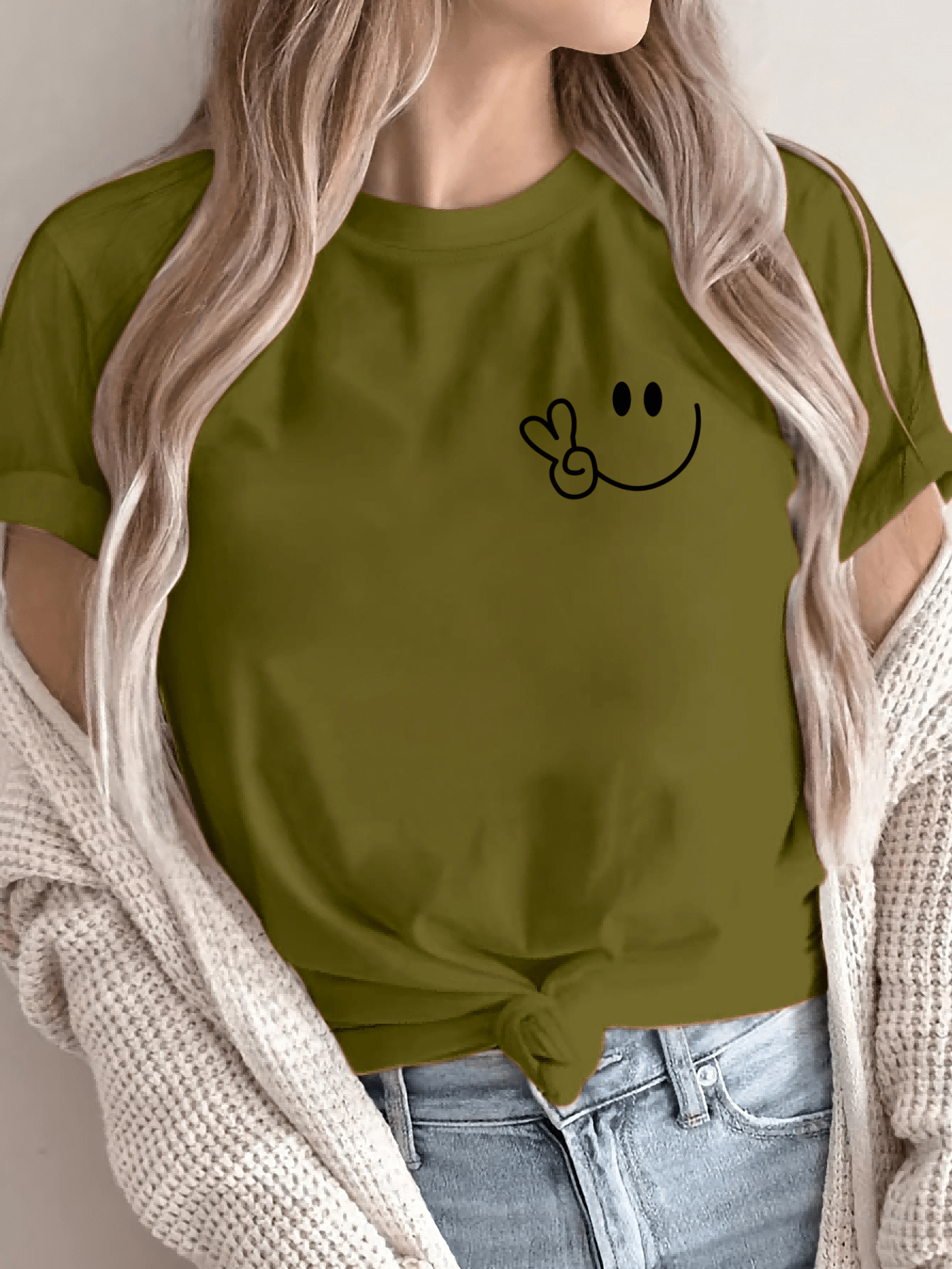 Women'S Casual Crew Neck T-Shirt with Smile Face Graphic, Short Sleeve, Regular Length, Letter Print Design, Soft Fabric, Perfect for Spring and Fall