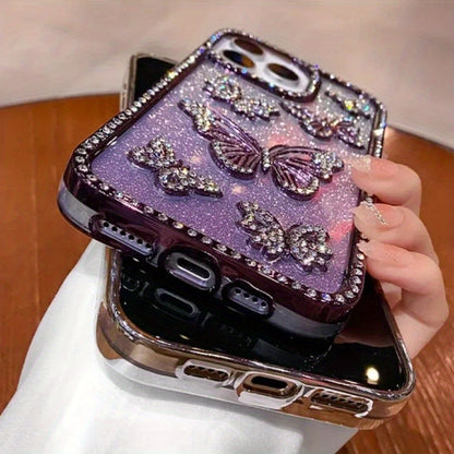 Glitter 3D Butterfly Shiny Case for iPhone 16 15 14 13 12 11 Pro Max Plus Diamond Bling Sparkly Rhinestone Girls Pink Cute Cover