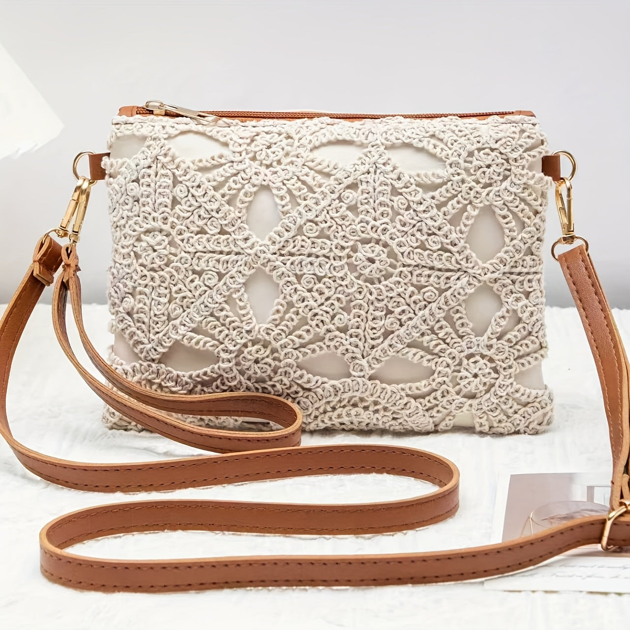 Elegant White Lace Crossbody Bag with Removable Beige Strap - Floral Pattern, Zipper Closure, Polyester Lining, Perfect for Spring & Summer Outfits, Casual or Formal Wear, Ladies Purse