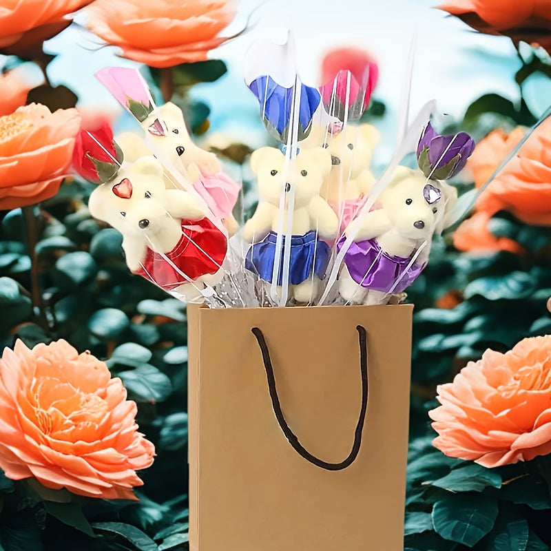 10 Bouquets of Artificial Roses with Plush Bear Plastic Roses for all kinds of holidays, anniversaries, weddings, home decor, Halloween, Christmas, romantic gifts and special occasions, Best for Christmas