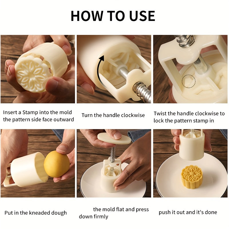 Flower Moon Cake Mold Set, Includes 1 Mold and 4 Stamps, DIY Hand Press Moon Cake Stamps, Mung Bean Cake, Cookie, Mid Autumn Festival Pastry Mold, Cookie Tools, Flower Shaped Moon Cake Maker, Baking Tools, Kitchen Gadgets