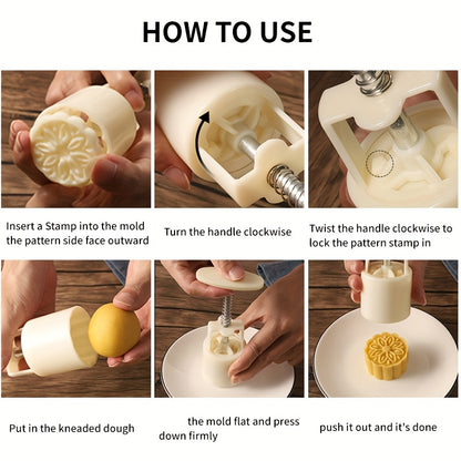 Flower Moon Cake Mold Set, Includes 1 Mold and 4 Stamps, DIY Hand Press Moon Cake Stamps, Mung Bean Cake, Cookie, Mid Autumn Festival Pastry Mold, Cookie Tools, Flower Shaped Moon Cake Maker, Baking Tools, Kitchen Gadgets