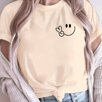 Women'S Casual Crew Neck T-Shirt with Smile Face Graphic, Short Sleeve, Regular Length, Letter Print Design, Soft Fabric, Perfect for Spring and Fall