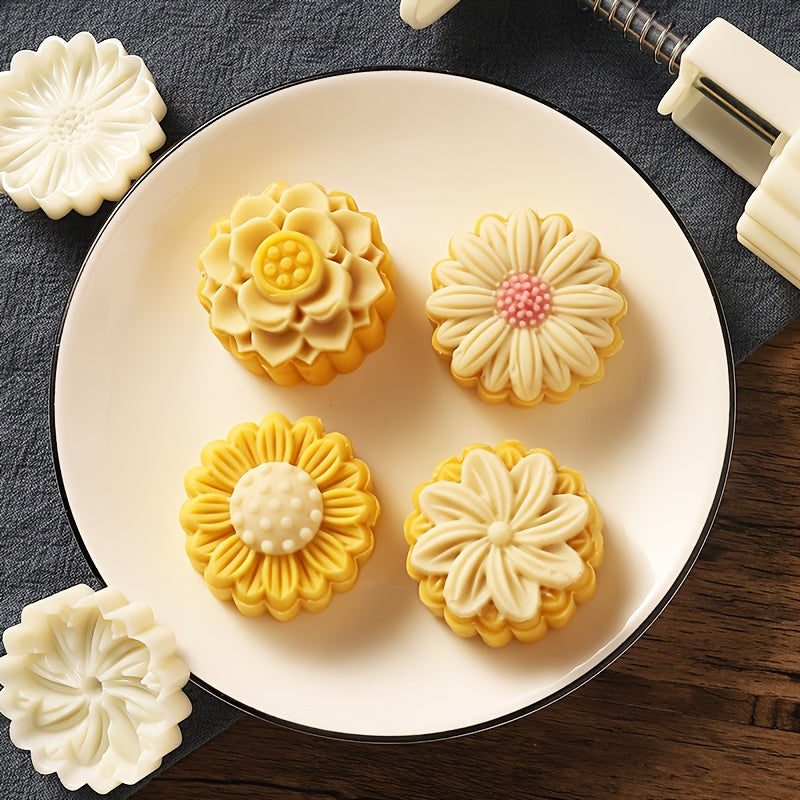 Flower Moon Cake Mold Set, Includes 1 Mold and 4 Stamps, DIY Hand Press Moon Cake Stamps, Mung Bean Cake, Cookie, Mid Autumn Festival Pastry Mold, Cookie Tools, Flower Shaped Moon Cake Maker, Baking Tools, Kitchen Gadgets