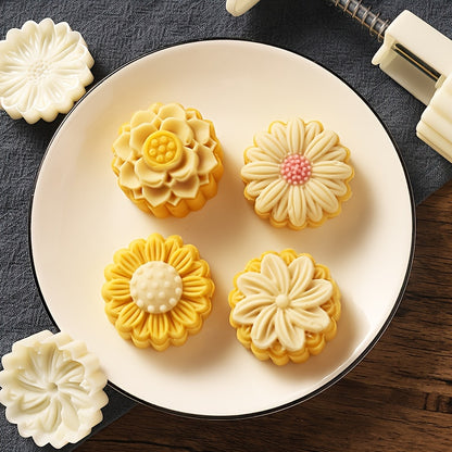 Flower Moon Cake Mold Set, Includes 1 Mold and 4 Stamps, DIY Hand Press Moon Cake Stamps, Mung Bean Cake, Cookie, Mid Autumn Festival Pastry Mold, Cookie Tools, Flower Shaped Moon Cake Maker, Baking Tools, Kitchen Gadgets