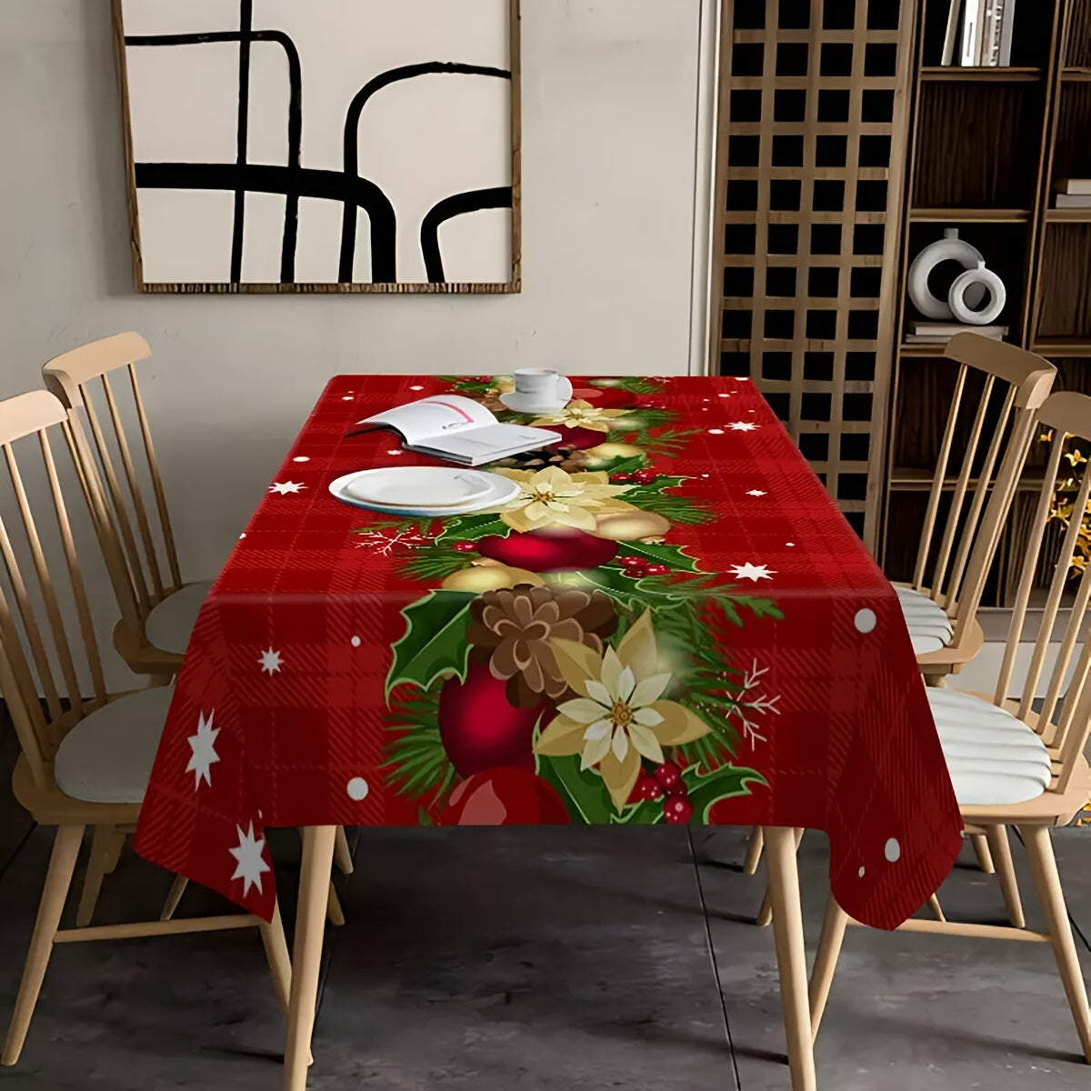 1PC Red and White Plaid Christmas Decorative Print Foldable Easy Storage Tablecloth, Suitable for Kitchen, Dining Room, Holiday, Party