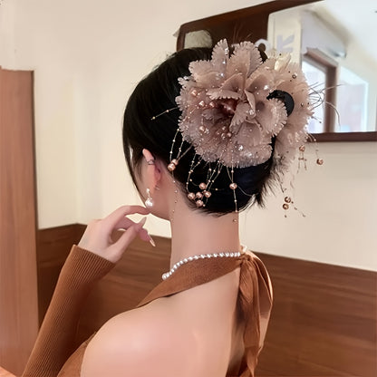 Feather beaded tassel flower hair clip, fluffy peony flower grappling clip for increased hair volume, shark clip for elegant hair flower accessory