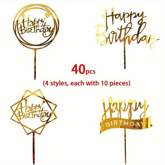 40pcs Acrylic Cake Toppers Set, Plastic Happy Birthday Letter Topper Cards, Golden Glitter Party Cake Decor, Creative Baking Supplies for Food Contact - Cake Decorating Kits