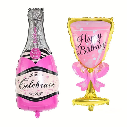 2pcs, Happy Birthday Champagne Bottle And Wine Glass Foil Balloons, Birthday Party Decorations, Photo Prop Decor, Celebration Decor, Birthday Gift, Atmosphere ArranSynthetic Gemstoneent, Home Decor, Scene Decor, Halloween Dec