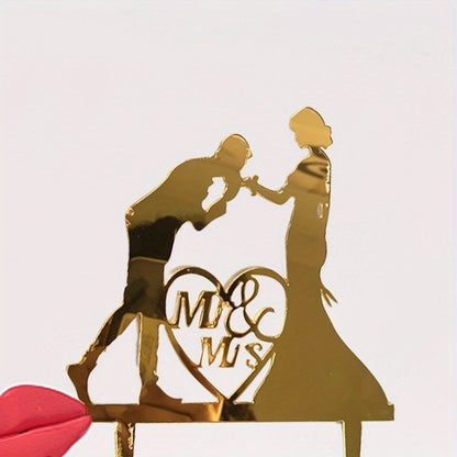 Elegant Acrylic Mr & Mrs Wedding Cake Toppers, 1 Piece, Bride and Groom Silhouette, Heart Design, Anniversary Celebration Decoration, No Feathers, For Ages 14+