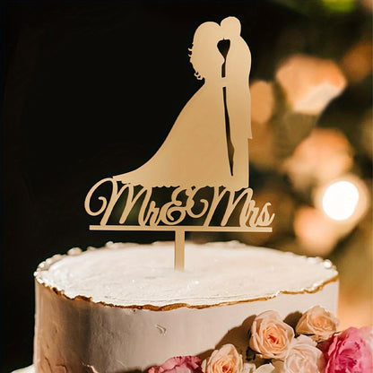 Elegant Acrylic Mr & Mrs Wedding Cake Toppers, 1 Piece, Bride and Groom Silhouette, Heart Design, Anniversary Celebration Decoration, No Feathers, For Ages 14+