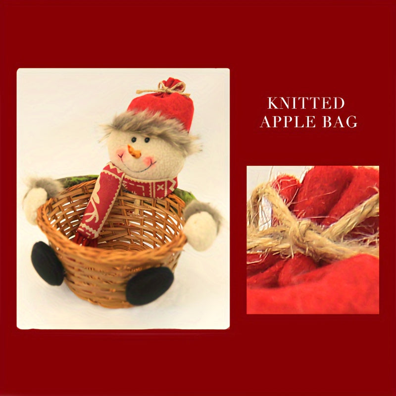 1pc Festive Christmas Candy Basket with Knitted Apple Bag, Fabric Food Serving Dish, Tabletop Dessert Plate for Holiday Treats Display