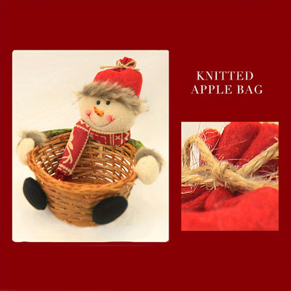 1pc Festive Christmas Candy Basket with Knitted Apple Bag, Fabric Food Serving Dish, Tabletop Dessert Plate for Holiday Treats Display