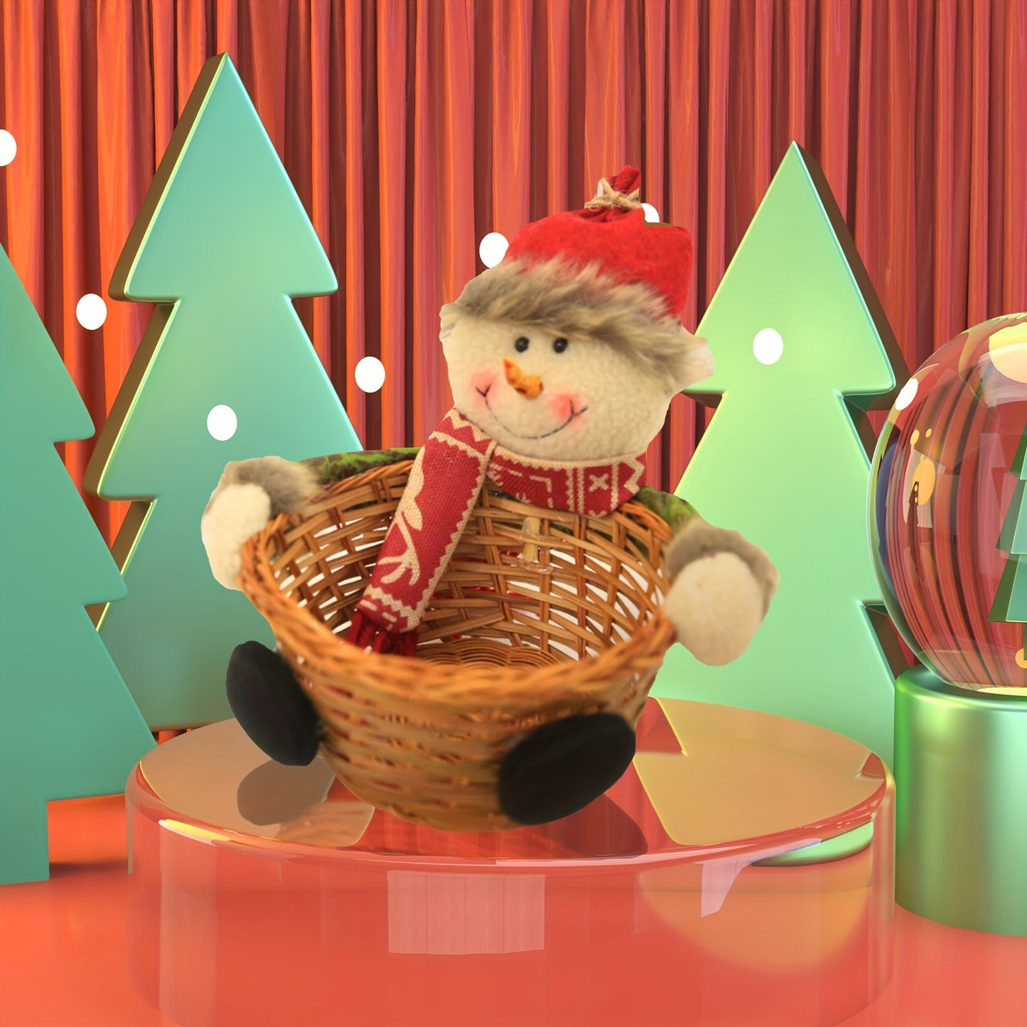 1pc Festive Christmas Candy Basket with Knitted Apple Bag, Fabric Food Serving Dish, Tabletop Dessert Plate for Holiday Treats Display