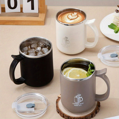 1pc 16.9oz/500ml Stainless Steel Insulated Coffee Mug with Lid & Handle - Double Layer Thermal Cup for Hot & Cold Beverages, Ergonomic Design, Keeps Drinks Hot/Cold for Hours, Durable & Stylish Student/Office Use, Coffee Trav