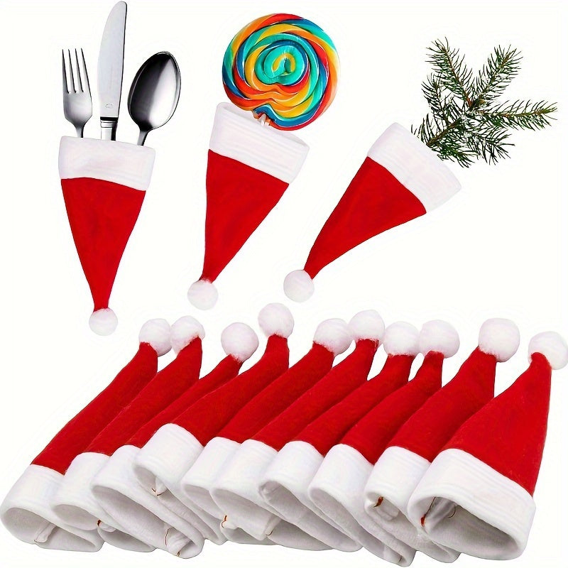 10pcs Red Christmas Table Centerpieces - Fabric Santa Hat Knife and Fork Set, 6x12cm Mini Holiday Table Decorations, Furry Kitchen Dining Accessories for Winter Christmas and All Seasons
