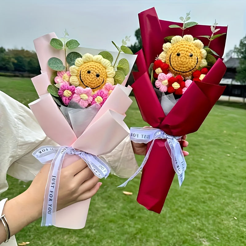 Realistic Knit Sunflower Bouquet with Smiling Face - No Electricity Needed, Durable Polyester Floral Arrangement for Home Decor, Birthday & Thanksgiving Gifts, Office & Party Centerpieces, Handmade Aesthetic Tabletop Decor, S