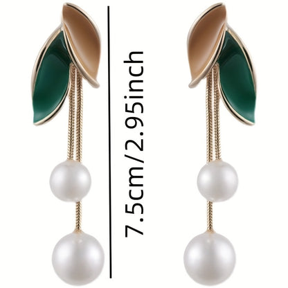 Elegant Leaf-Shaped Drop Earrings with Imitation Pearls