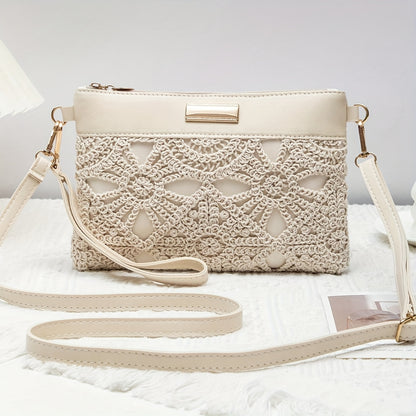 Elegant White Lace Crossbody Bag with Removable Beige Strap - Floral Pattern, Zipper Closure, Polyester Lining, Perfect for Spring & Summer Outfits, Casual or Formal Wear, Ladies Purse