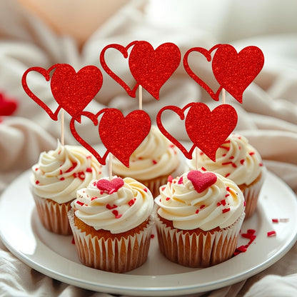 24pcs Valentine'S Day Cupcake Toppers, Glitter Hollow Love Cupcake Toppers, Picks, Red Love Heart Birthday Cake Decorations for Valentine'S Day, Weddings, Engagements, Showers, Festival Party Cake Decor for Halloween, Christm