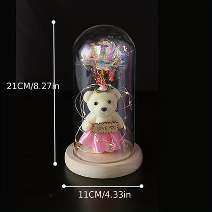 LED Lighted Golden Foil Flower with Bear, Plastic 3D Rose Gift Set, Battery Operated, Home & Kitchen Decor, Perfect for Valentine's Day & General Holidays, No Batteries Included