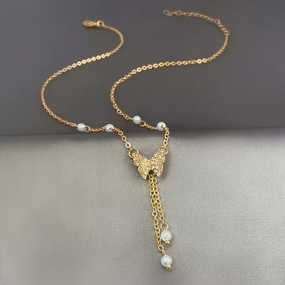 Butterfly Faux Imitation Pearl & Rhinestone Necklace - Adjustable Golden-Tone Chain, Elegant French-Inspired Jewelry for Women, Versatile Daily Wear, Travel Jewelry & Valentine's Day Gift, Everyday Accessory, Rhinestone Embel