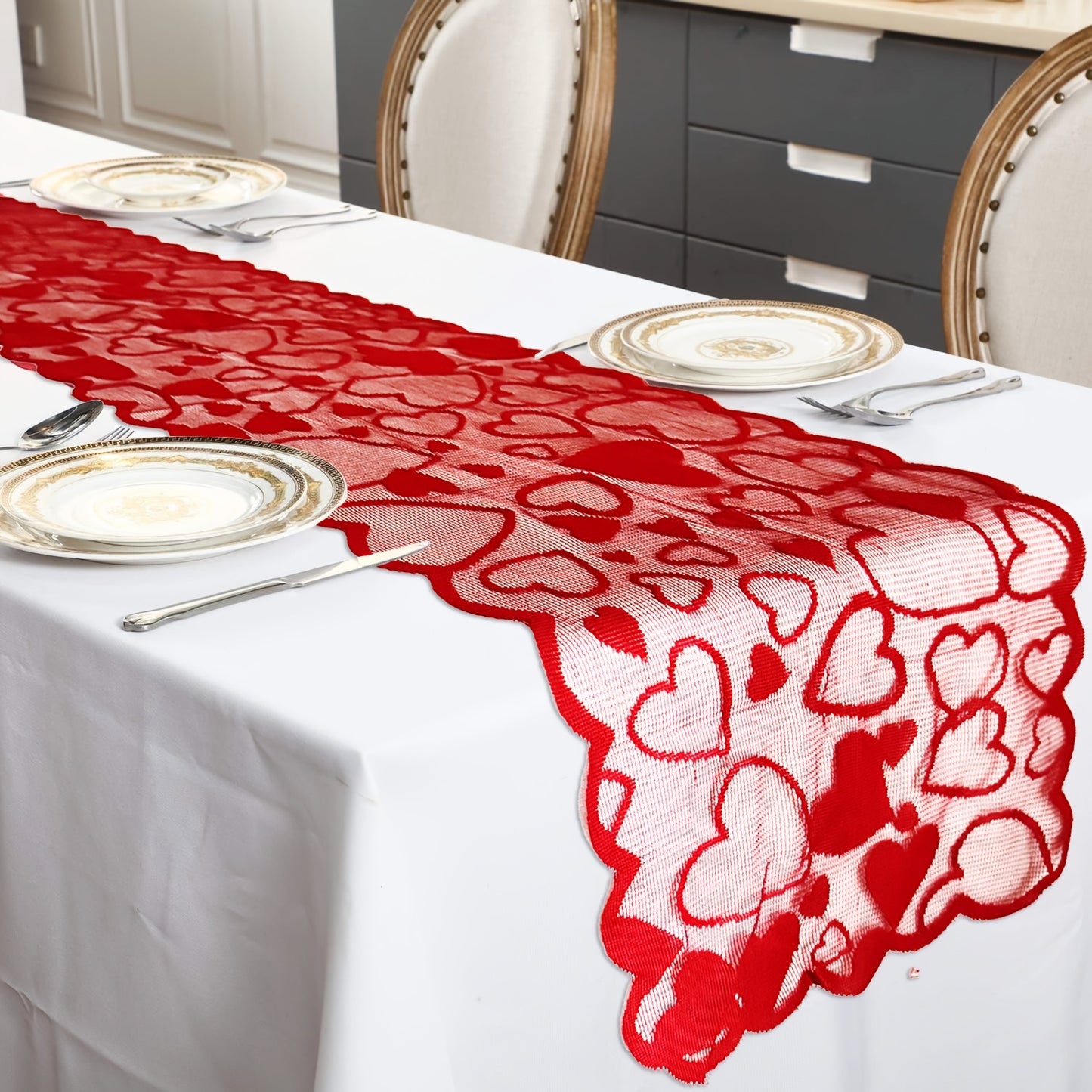 1/5pcs Valentine's Day heart-shaped red lace table flag placemat set for home decoration, anniversary parties, romantic home decoration tablecloths for weddings and Valentine's Day decorations