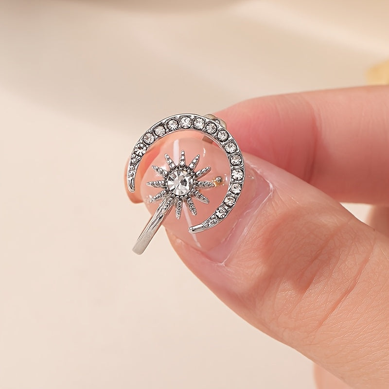 Adjustable Open Sun and Moon Couple's Ring with Rhinestones - Fashion Zinc Alloy Jewelry
