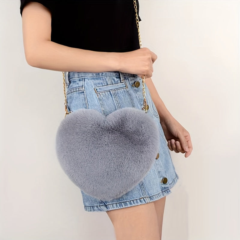 Chic Heart-Shaped Plush Crossbody Bag - Fashionable Zippered Shoulder Purse