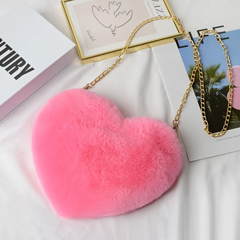 Chic Heart-Shaped Plush Crossbody Bag - Fashionable Zippered Shoulder Purse