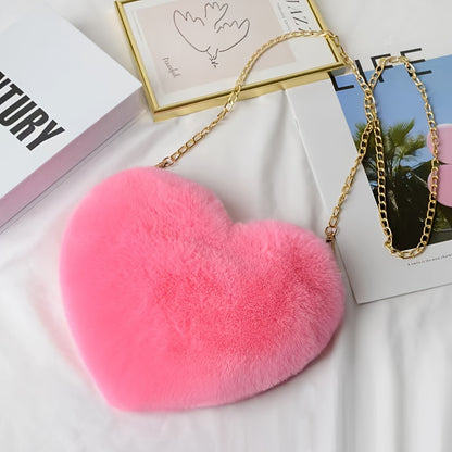 Chic Heart-Shaped Plush Crossbody Bag - Fashionable Zippered Shoulder Purse