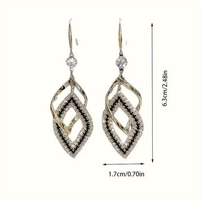 Double-Layer Hollow Diamond-Shaped Sparkling Synthetic Zirconia Drop Earrings