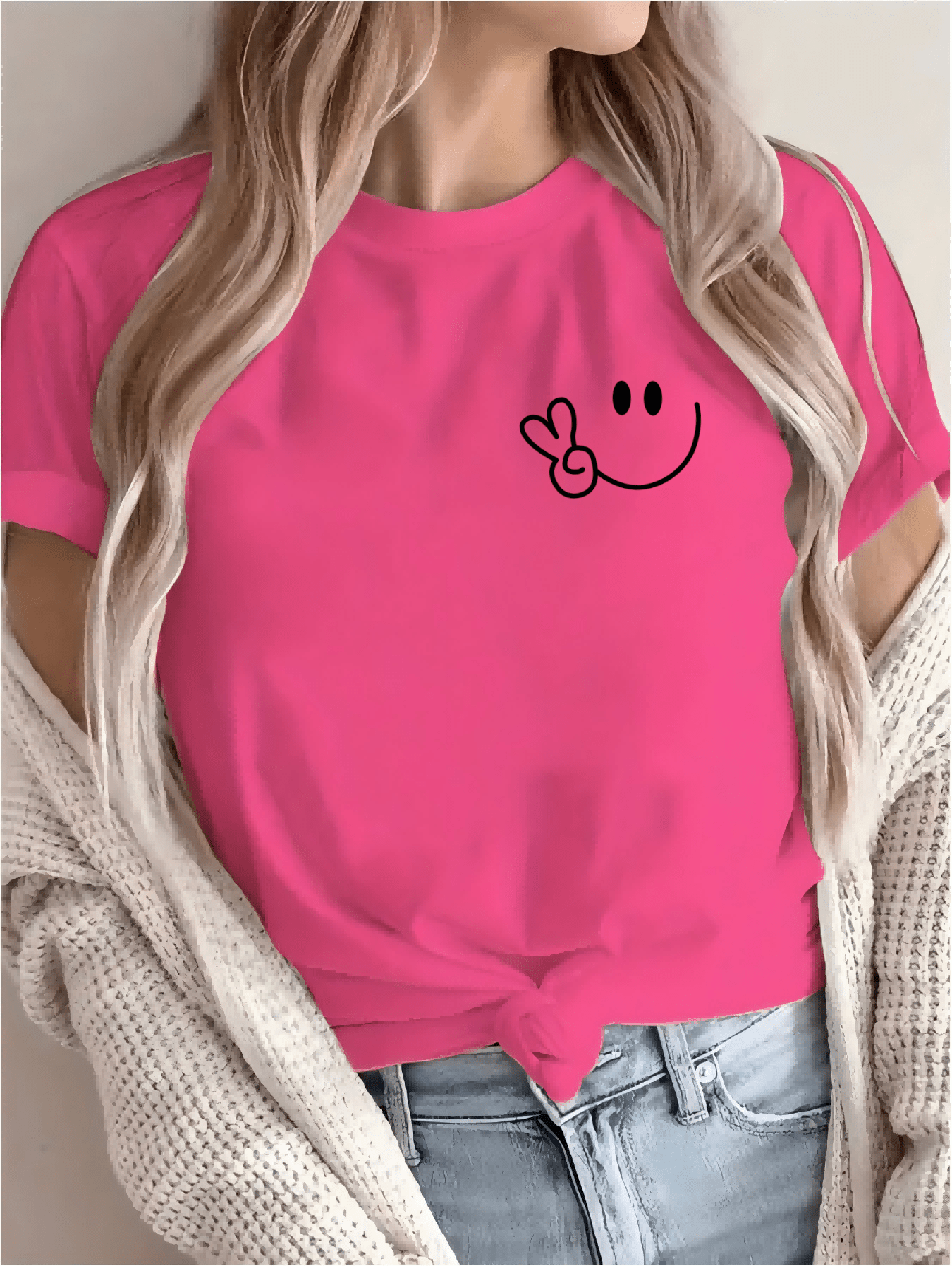 Women'S Casual Crew Neck T-Shirt with Smile Face Graphic, Short Sleeve, Regular Length, Letter Print Design, Soft Fabric, Perfect for Spring and Fall