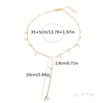 1pc Elegant Rose & Necklace with Cascading Tassel Pendant - White Floral Chain with Green Center, Artificial & Rose, Versatile Everyday Jewelry Gift for Women, Valentine's Day, Anniversary, Birthday, Year-Round Wear