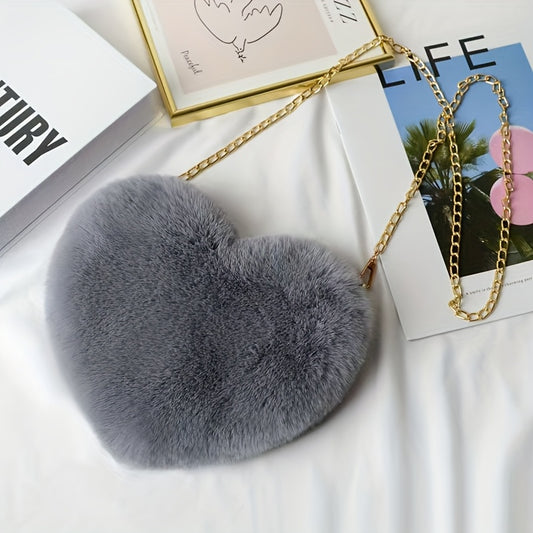 Chic Heart-Shaped Plush Crossbody Bag - Fashionable Zippered Shoulder Purse