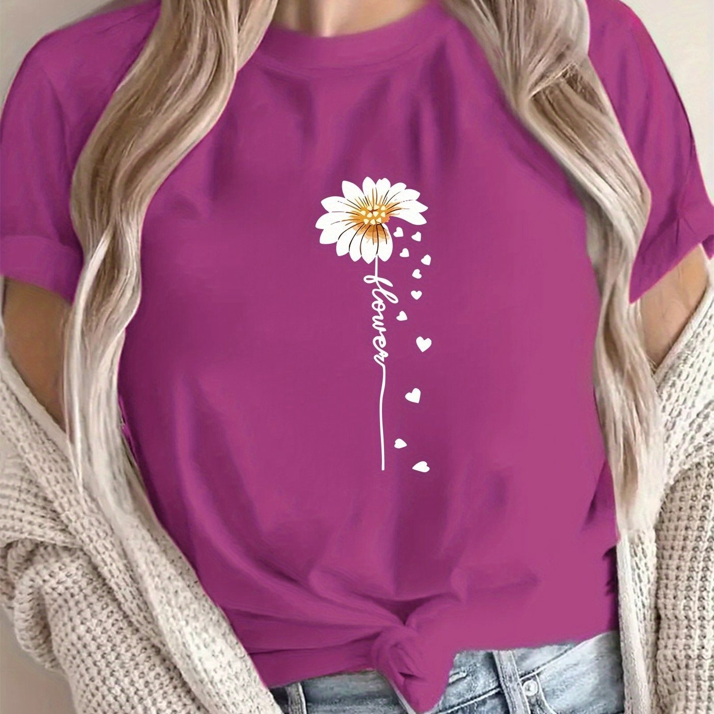 Women'S Floral Print T-Shirt - Casual & Vacation Style, Short Sleeve Crew Neck, Spring/Summer Collection, Machine Washable, Slim Fit with Vibrant Flower Design, Lightweight Polyester Blend, Perfect for Casual Attire, Casual S