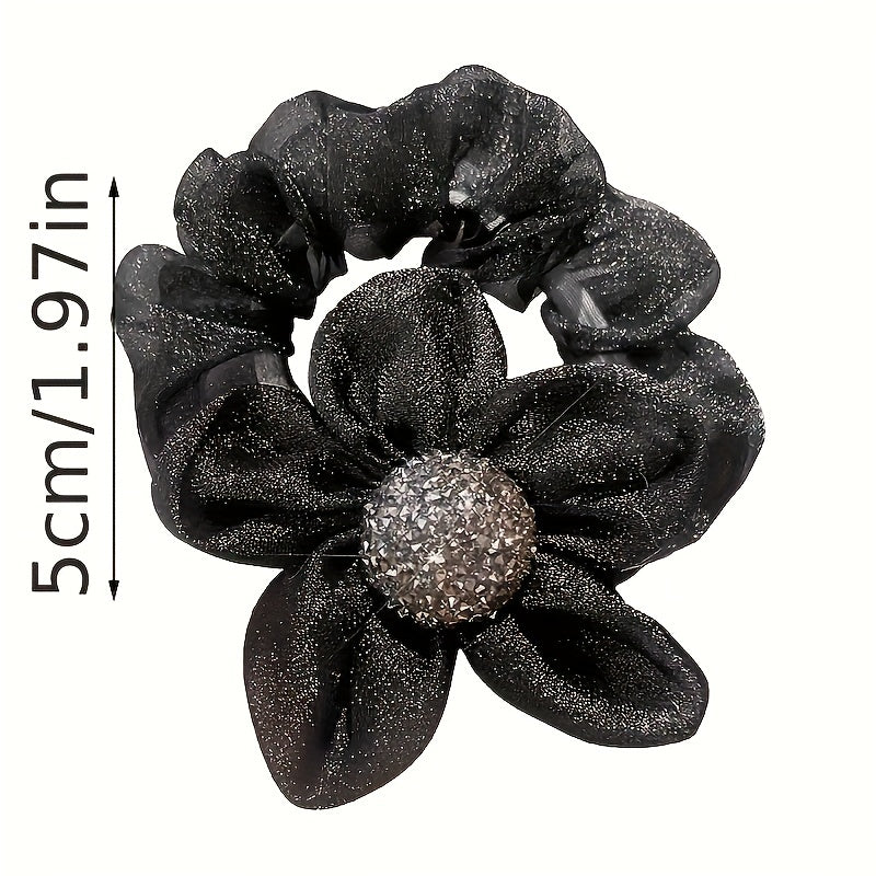 2pcs Elegant Rhinestone Sunflower Hair Scrunchies - Stretchy Mesh Ponytail Holders with Sparkling Crystals, White & Black Floral Design, Versatile Hair Accessories for Women, Perfect Gift for Holidays, Birthdays & Special Occ