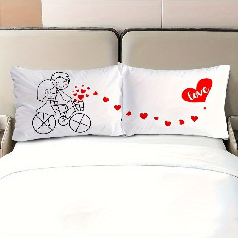 2-Pack Romantic Couple Cartoon Pillowcases - French Style Endless Love Design, Soft Polyester Single-Sided Print, Wrinkle & Fade Resistant, All-Season White Bedding with Zipper Closure (Pillow Inserts Not Included), Bed Room