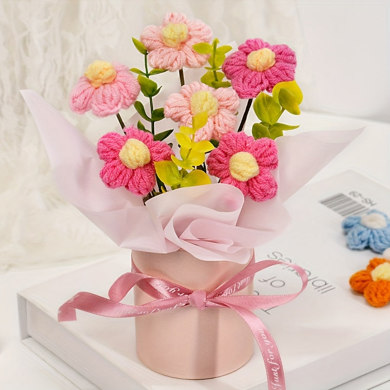 Handmade Knitted Daisy Bouquet - Realistic Yellow, white, pink, blue, red, or Floral Arrangement - with Pastel Pink, Beige, or Red Ribbon Bucket - No Maintenance Fake Flowers for Home, Office, Wedding, Birthday - Perfect Gift