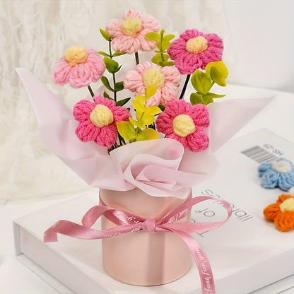 Handmade Knitted Daisy Bouquet - Realistic Yellow, white, pink, blue, red, or Floral Arrangement - with Pastel Pink, Beige, or Red Ribbon Bucket - No Maintenance Fake Flowers for Home, Office, Wedding, Birthday - Perfect Gift