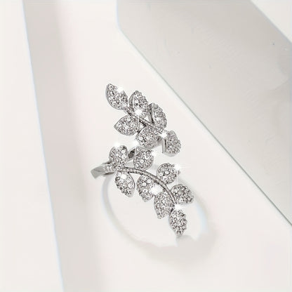 Adjustable Ladies' Ring With Trendy Copper Inlaid With Zirconia, Featuring Tree Leaves And Wheat Spikes