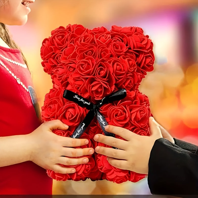 1pc Extra Large Floral teddy bear - with Burgundy/Red Roses, Elegant gift for Valentine's Day, Mother's Day, Wedding, Birthday, Anniversary - Long-Lasting Artificial Flower Bouquet Centerpiece - No Maintenance Required - Perf