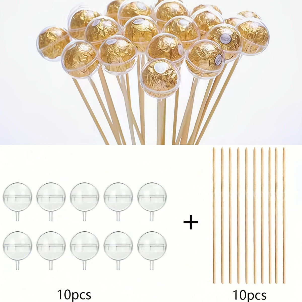 20pcs DIY Candy Chocolate Flower Stand Set, Ferrero Packaging with 10 Transparent Balls and 10 Bamboo Sticks, Suitable for Wedding Graduation Mother's Day Anniversary Party Valentine's Christmas Birthday Bouquet Material Pack