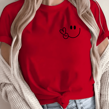 Women'S Casual Crew Neck T-Shirt with Smile Face Graphic, Short Sleeve, Regular Length, Letter Print Design, Soft Fabric, Perfect for Spring and Fall