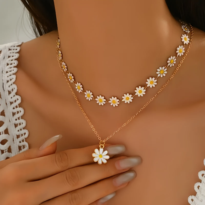 2pcs Fashion Classic Daisy Chain Necklace Set with White Flower Pendant, Double Layer Collarbone Necklace for Women - Perfect for Daily Wear and Party Accessories